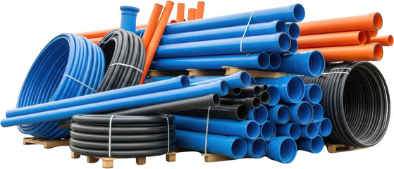A large pile of various blue black and orange pipes and conduits some coiled and some straight stacked on wooden pallets plumbing construction industry building materials drainage water