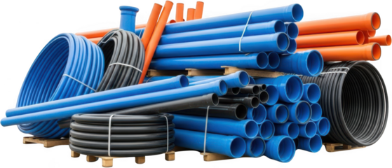 A large pile of various blue black and orange pipes and conduits some coiled and some straight stacked on wooden pallets plumbing construction industry building materials drainage water