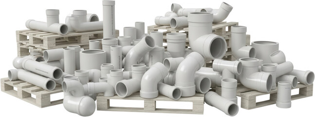A large assortment of white PVC pipes and fittings including elbows tees and straight sections are neatly arranged on wooden shipping pallets plumbing construction materials industry