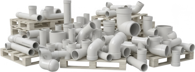 A large assortment of white PVC pipes and fittings including elbows tees and straight sections are neatly arranged on wooden shipping pallets plumbing construction materials industry