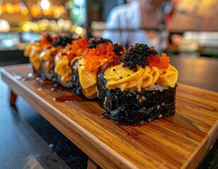 Gourmet sushi rolls, topped with roe and cream, on a wooden tray