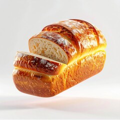 Sliced loaf of golden-crusted bread, airy crumb, isolated, floating