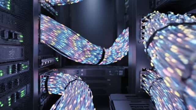 Inside a High-Tech Data Center Server Room with Rows of Rack Servers and Fiber Optic Cables for