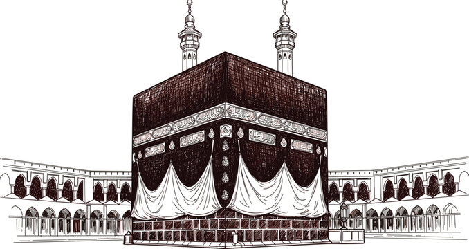 Detailed hand-drawn vector sketch of the Kaaba in Mecca featuring textured Kiswah gold calligraphy and surrounding arched colonnades.