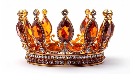 Golden royal crown with jewels, ornate detail against white
