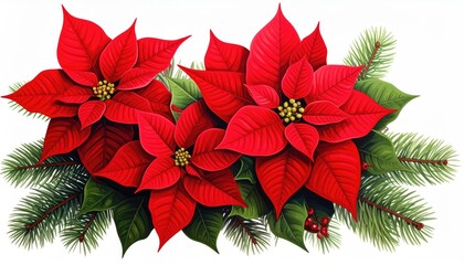 Vibrant red poinsettias and evergreen boughs, a festive holiday scene