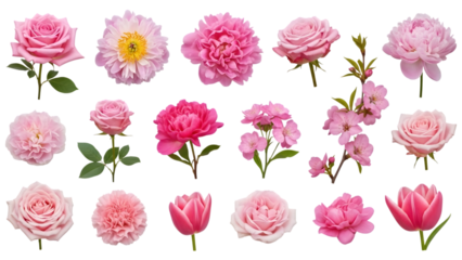 Collection of pink roses isolated on transparent background