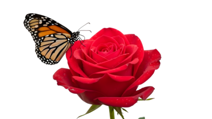 Monarch butterfly on a red rose isolated on transparent background