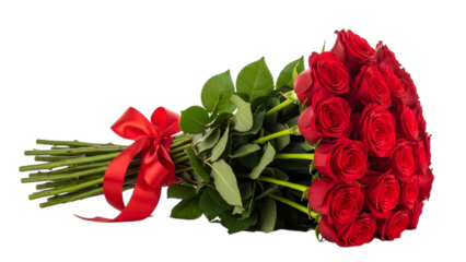 A bouquet of red roses isolated on transparent background with a ribbon