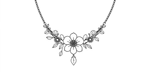 Delicate black line art necklace with floral motif on white background,  drawing,  flower