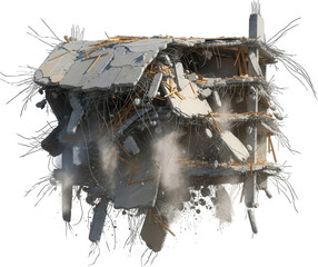 Collapsed concrete building structure mid demolition revealing twisted metal rebar and dust clouds rising amidst debris This is a 3D render destruction construction urban rubble ruin