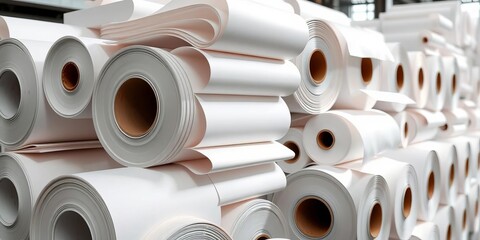 Large rolls of pristine white paper, neatly stacked,  wholesale paper,  cylinder