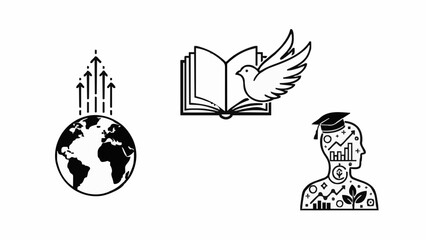 A graduate represented by an illustration having global knowledge through education symbolized by a book and a dove