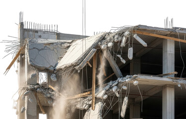 Collapsed concrete structure with exposed rebar and falling debris showing stages of demolition and structural damage in daylight building construction destroyed destruction rubble