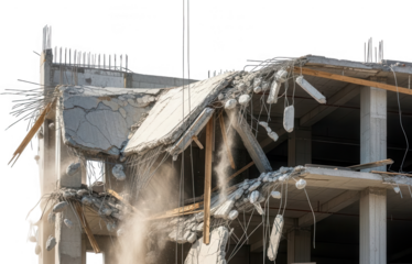 Collapsed concrete structure with exposed rebar and falling debris showing stages of demolition and structural damage in daylight building construction destroyed destruction rubble