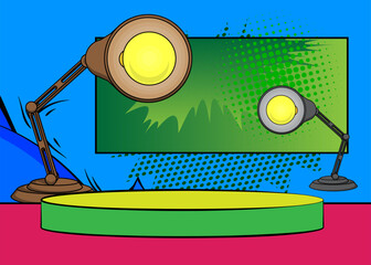 Comic Book Product podium stage for mockup presentation with Office lamp. Retro comics background.