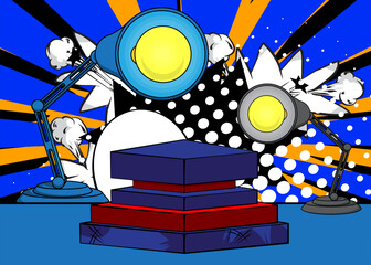 Comic Book Product podium stage for mockup presentation with Office lamp. Retro comics background.