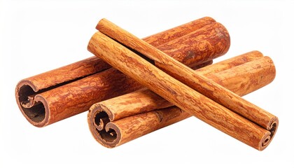 Close-up of several fragrant cinnamon sticks on a white background