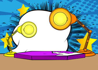 Comic Book Product podium stage for mockup presentation with Office lamp. Retro comics background.