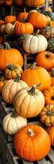 Ripe pumpkins and gourds arranged on weathered wooden crates, harvest bounty in soft, warm light,  november,  gourds