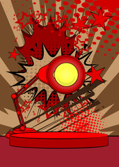 Comic Book Product podium stage for mockup presentation with Office lamp. Retro comics background.