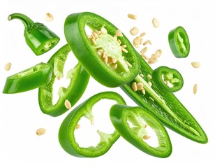 Sliced green peppers and seeds, mid-air against a bright white backdrop