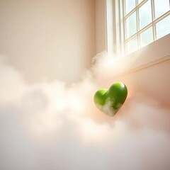 Softly painted mist cradles a tender green heart pushing skyward, a pastel dreamscape, dreamy,  dawn