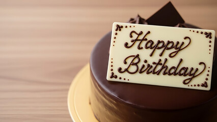 A chocolate birthday cake with a decorative Happy Birthday sign on top, placed on a wooden table, viewed from a slight angle