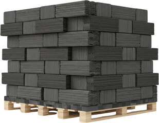 Stacked gray asphalt roofing shingles neatly arranged on wooden pallets ready for construction and building projects showing material texture and quantity roof tiles building materials