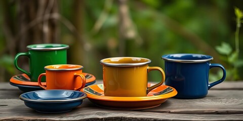 Vibrant enamel camping mugs, plates, bowls in forest green, burnt orange, and deep blue hues ,   bushcraft,  set