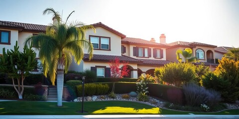 Upscale Costa Mesa homes, lush landscaping, sunny day,  affluent,  California dream