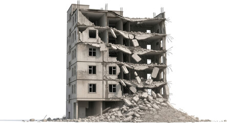 This concrete multi story building shows severe structural damage with collapsed floors exposed rebar and debris piled at its base Its upper levels are partially destroyed indicating a