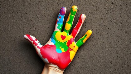 Vibrant, multicolored handprint on textured surface,   abstract background,   hand painted