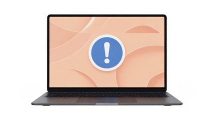 Laptop with warning sign on screen and isolated on a transparent background