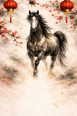 A majestic horse runs amidst cherry blossoms and lanterns. This painting captures the spirit of Chinese culture and strength, a symbol of power.
