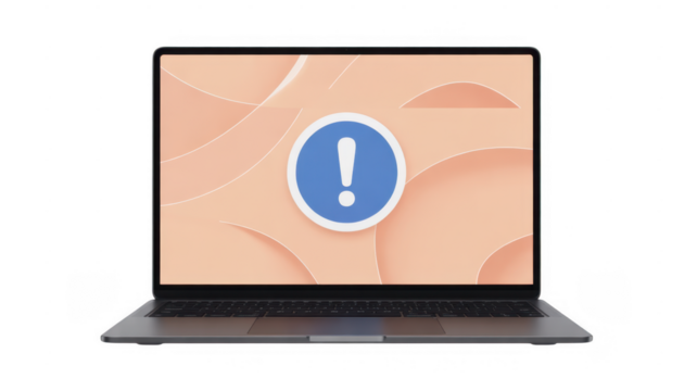 Laptop with warning sign on screen and isolated on a transparent background - Powered by Adobe