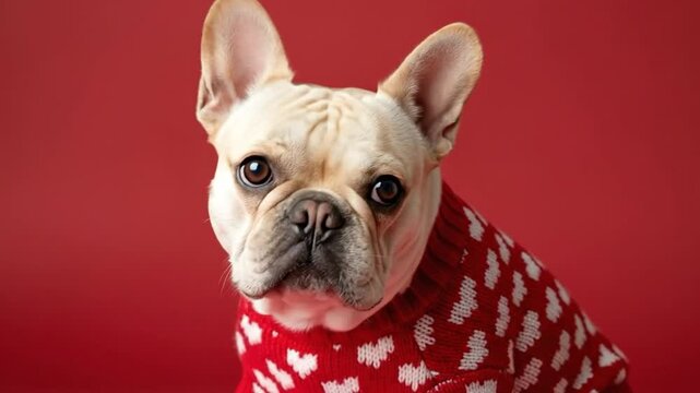 French Bulldog in Red Sweater with Heart Patterns for Pet Lovers