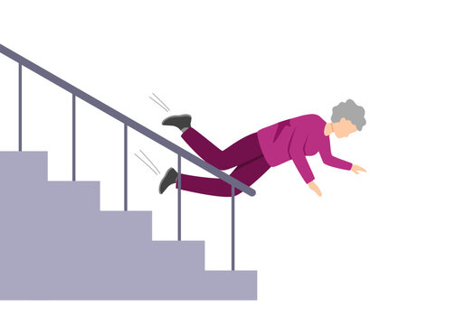 Senior female slip on stairs falling down on the ground. Old woman clumsiness, injury concept on white background vector illustration.