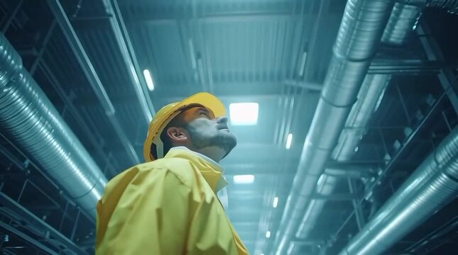 Industrial worker in yellow hard hat and safety gear standing in a corridor with large pipes and ventilation systems