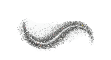 Shimmering silver glitter particles form a graceful, wave-like swirl with scattered dust, against a transparent background with high-key studio lighting and bokeh, concept of opulent celebration.
