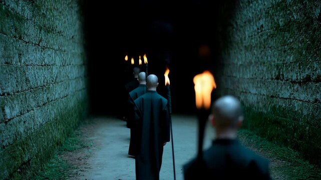Mysterious procession of monks with torches in a dark stone corridor, atmospheric and dramatic imagery