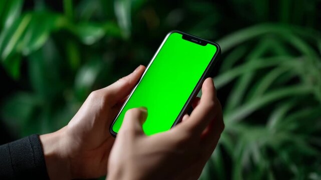 Close-up of a hand holding a smartphone with a green screen against lush greenery