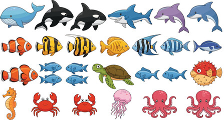 Cute sea animals cartoon set with fish whale shark dolphin turtle crab octopus jellyfish illustration, marine life collection, isolated white background vector © Its me...