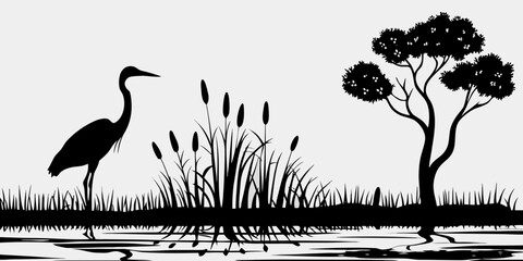 Fototapeta premium A serene black and white illustration of a heron in a wetland landscape