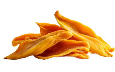 Freshly prepared dried mango slices highlighting uneven edges, bright color, and culinary versatility isolated on transparent background PNG