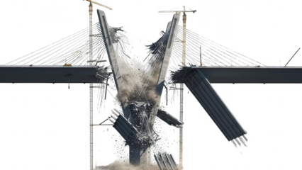 The dramatic collapse of a large suspension bridge's central pylons with debris showering downwards showcasing structural failure and destruction bridge collapse demolition engineering