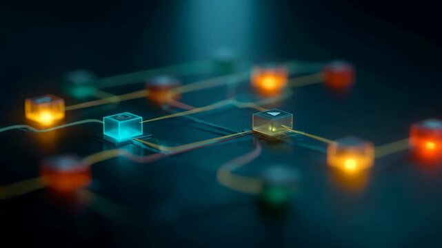 Futuristic network connection with glowing cubes and neon lines for technology and innovation themes