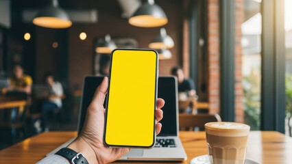 Person holding smartphone with yellow screen in a cozy cafe setting with laptop and coffee