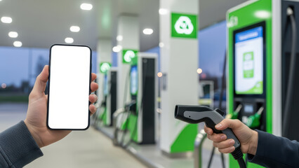 Person using smartphone to pay at a gas station with electric vehicle charging station