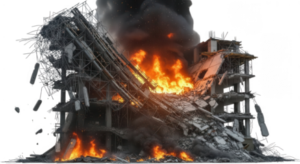 Collapsed concrete building with scaffolding engulfed in intense flames and dark smoke depicting severe destruction and a chaotic scene fire emergency disaster debris rubble urban architecture